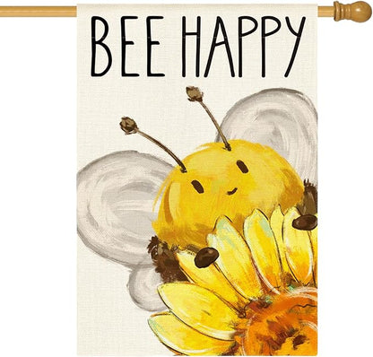 AVOIN colorlife Summer Bee Happy House Flag 28x40 Inch Double Sided Outside, Sunflower Party Holiday Burlap Yard Outdoor Decoration