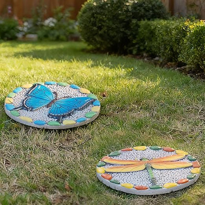 Decorative Garden Stepping Stone Dragonfly - Round Outdoor Pathway Stone with Yellow and Green Design, White Pebble Background 10x10 Inches