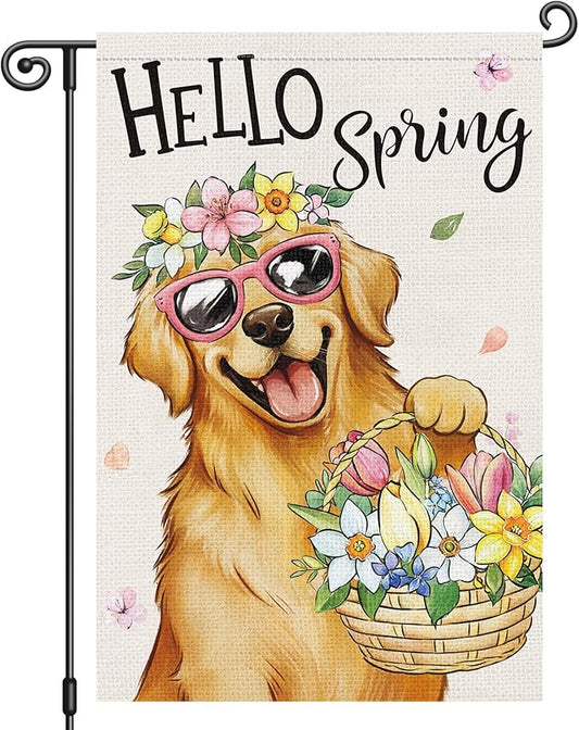 Heyfibro Hello Spring Golden Retriever Garden Flag 12x18 Inch Double Sided Spring Flowers Garden Flag Small House Flags for Outside Yard Farmhouse Holiday Seasonal Outdoor Decorations