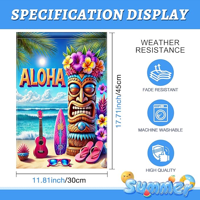 BlissYard Aloha Tiki Garden Flag 12x18 Double Sided Vertical Outdoor Decor Tropical Island Beach Tiki Mask Surf Guitar Summer Yard Garden Lawn Patio Banner
