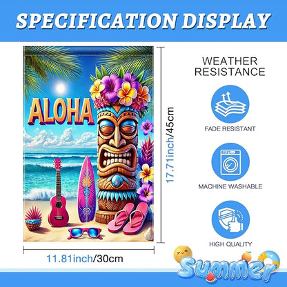 BlissYard Aloha Tiki Garden Flag 12x18 Double Sided Vertical Outdoor Decor Tropical Island Beach Tiki Mask Surf Guitar Summer Yard Garden Lawn Patio Banner