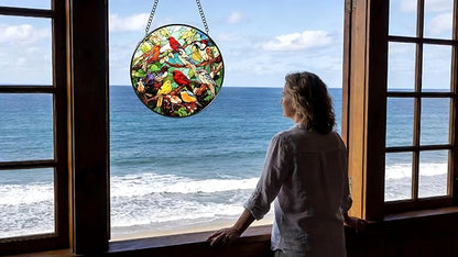 Funoasis Stained Glass Window Hanging 6.3" Suncatcher, Colorful Hummingbirds on Branch Sun Catcher, Home Wall Decor, Window Art Ornament, Birthday Gifts for Women, Mom, Grandma
