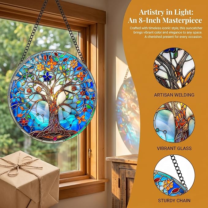Stained Glass Window Hanging Tree of Life Suncatcher 8 Inch, Indoor Outdoor Wall Art Home Decor, Sun Catchers, Birthday Holiday Gift for Women Men