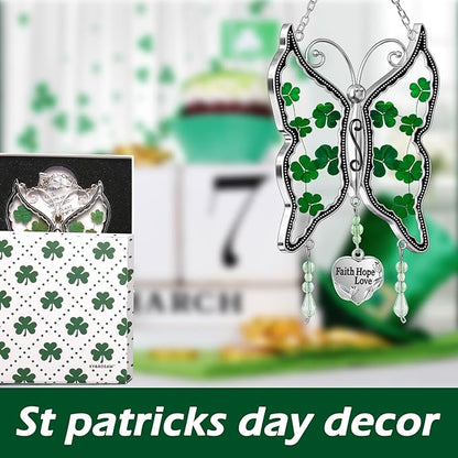 KY&BOSAM Shamrock Butterfly Suncatcher Faith Hope Love Irish Stained Glass for Windows Suncatchers Hangings Ornament Wind Chime with Real Flower as Gifts for Mom Mothers Day St Patrick's Day Decor
