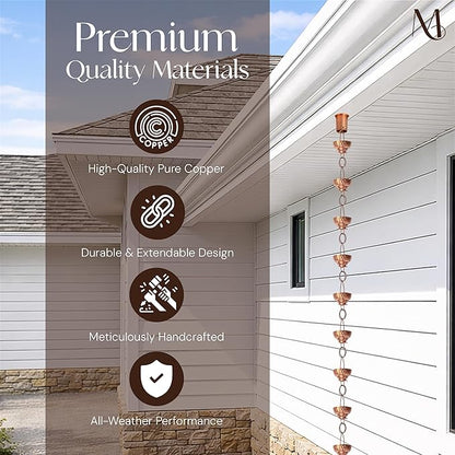 Monarch Rain Chains Pure Copper Eastern Cups Rain Chains for Gutters – 8.5 ft Decorative Rainchain Outdoor Durable Heavy Duty Gutter Chain Downspout Replacement, Modern Rainchains for Outside