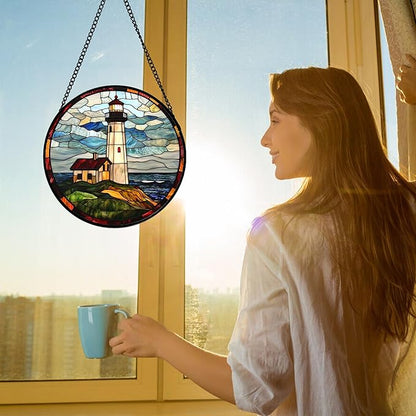 DASTOLL Stained Glass Window Hanging, Ocean Lighthouse Sun Catchers Glass Panel Blue Green Suncatcher Decor for Birthday for Women, Men, Wife, Aunt, and Mom 9.8 in