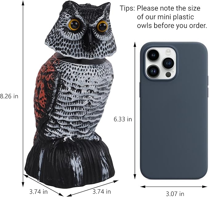 Hausse 3 Pack Bird Scarecrow Mini Fake Owl Decoy Sculpture, 8.26 inch Wagging Head Plastic Small Owl Bird Deterrents, Nature Enemy Horned Pest Repellent for Outdoor Garden Yard