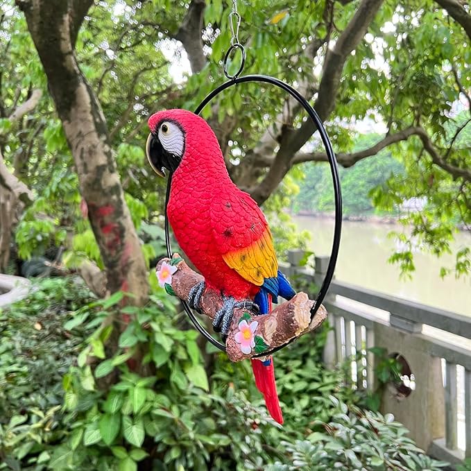 Hanging Scarlet Macaw Parrot Perching on Branch in Metal Round Ring for Home Patio Garden Decor 16" H (Red and Yellow)