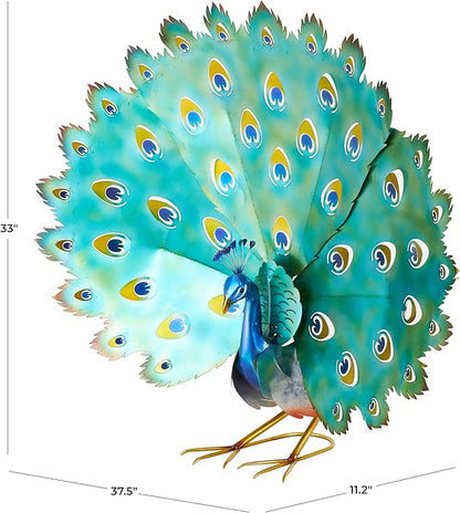Deco 79 Metal Peacock Decorative Garden Sculpture Garden Statue with Gold Legs and Teal Wings, Outdoor Sculpture 38" x 11" x 33", Blue