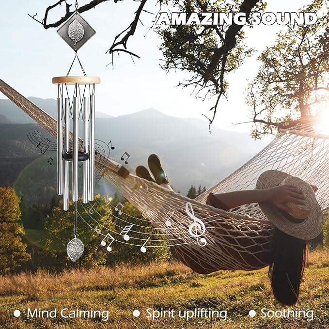 Wind Chimes for Outside,29" Lucky Leaf Memorial Wind Chimes Create a Zen Atmosphere for Oudoor,Garden Patio Yard Decor,Lucky Gift for Women/Mother/Father/Christmas/Unisex(Silver)