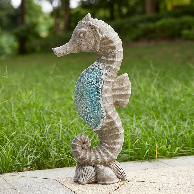 Glitzhome MGO Marine Faux Granite and Mosaic Sea Horse Statue Indoor and Outdoor Decoration, 21 "H