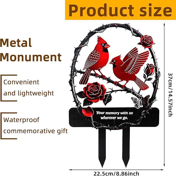 Lodou Graves Cemetery Decorations,Cardinals Memorial Grave Markers for Cemetery Memorial Stakes Metal Grave Decorations,Outdoor Outside Yard Garden (Red Bird)