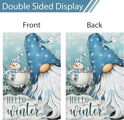 Heyfibro Hello Winter Gnome Garden Flag 12x18 Inch Double Sided Burlap Snowman Snowflakes Yard Banner for Christmas Seasonal Outside Outdoor House Decoration (ONLY FLAG)