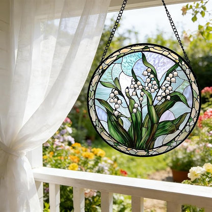 Stained Glass Window Hanging, White Green Lily of the Walley Flowers Sun Catcher for Door Home Decor Plants Suncatcher Christmas Mother's Day Birthday Gifts for Women Men Mom Nana 11.8 in