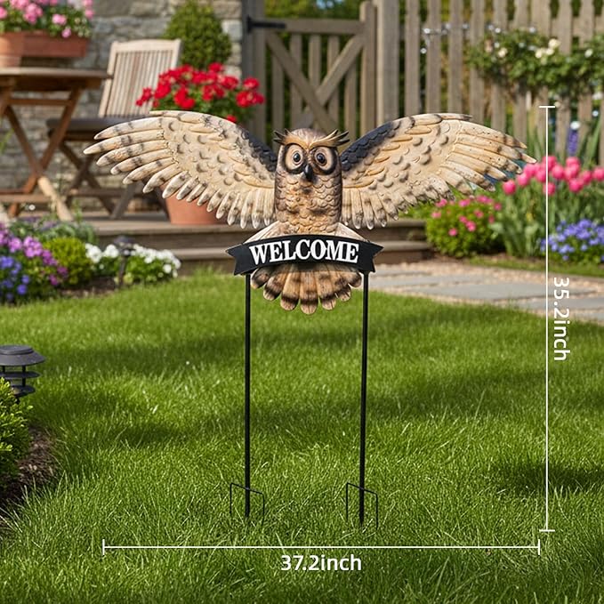 Decorative Garden Stakes Large Vintage Owl with Welcome Sign for Front Door 37.2W*35.2H, Metal Yard Art Oversized Rustic Lawn Ornaments Outdoor Decor for Mothers Day Garden Gifts