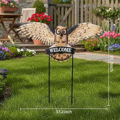 Decorative Garden Stakes Large Vintage Owl with Welcome Sign for Front Door 37.2W*35.2H, Metal Yard Art Oversized Rustic Lawn Ornaments Outdoor Decor for Mothers Day Garden Gifts