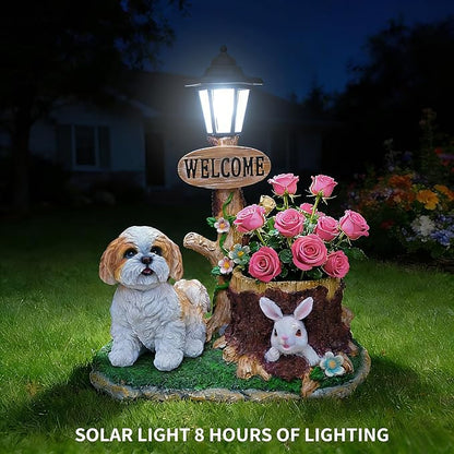 Virubi Sitting Dog Solar Lantern Planter Statue, Solar-Powered LED Lantern & Flower Pot, Weather Resistant Outdoor Decor for Patio Yard Garden Porch Path