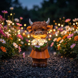 Solar-Powered Resin Highland Cow Statue with Orange Skirt & Light-Up Purple Flower Bouquet - Garden Decor for Patio, Lawn, Porch or Entryway