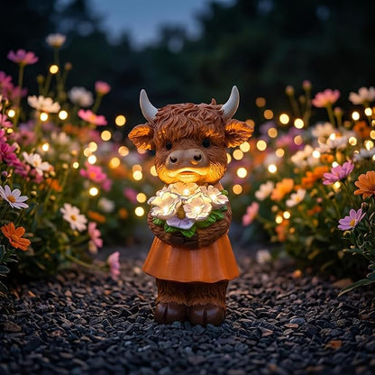 Solar-Powered Resin Highland Cow Statue with Orange Skirt & Light-Up Purple Flower Bouquet - Garden Decor for Patio, Lawn, Porch or Entryway