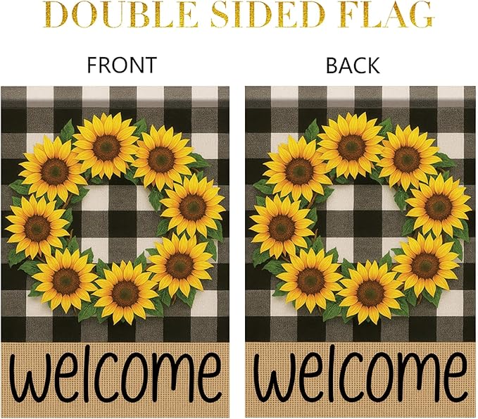 Buffalo Plaid Welcome Wreath Garden Flag Sunflower Flower Flag 12x18 Double Sided Tropical Floral Yard Decor Welcome Sign for Spring Summer Outdoor Porch Patio Lawn Farmhouse