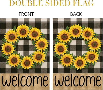 Buffalo Plaid Welcome Wreath Garden Flag Sunflower Flower Flag 12x18 Double Sided Tropical Floral Yard Decor Welcome Sign for Spring Summer Outdoor Porch Patio Lawn Farmhouse