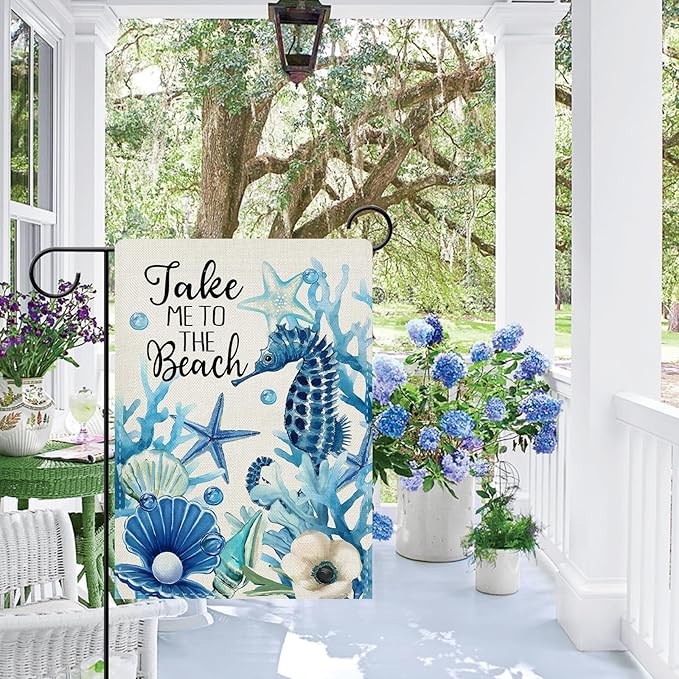 Dyrenson Summer Take Me To The Beach Decorative Garden Flag, Coastal Seahorse Starfish Conch Coral Yard Outside Home Decoration, Spring Anemone Burlap Outdoor Small Decor Double Sided 12 x 18