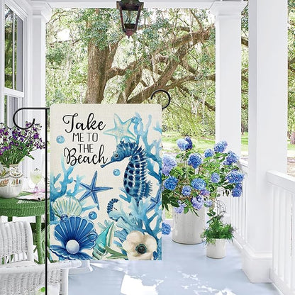 Dyrenson Summer Take Me To The Beach Decorative Garden Flag, Coastal Seahorse Starfish Conch Coral Yard Outside Home Decoration, Spring Anemone Burlap Outdoor Small Decor Double Sided 12 x 18