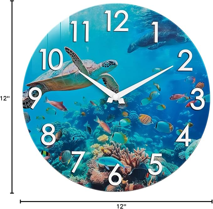 Crosstime Outdoor Clock Waterproof - 12" Sea Turtle Blue Ocean Beach Coastal Decor Indoor Outdoor Wall Clock for Patio, Pool, Garden, Backyard, Bathroom