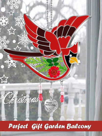 KY&BOSAM Stained Glass Cardinal Suncatcher Happy Mother`s Day Mom Gifts Had Painted Suncatchers for Windows Hanings Ornament with Pressed Real Flower and Heart Charm Gift for Women Mom Mother`s Day