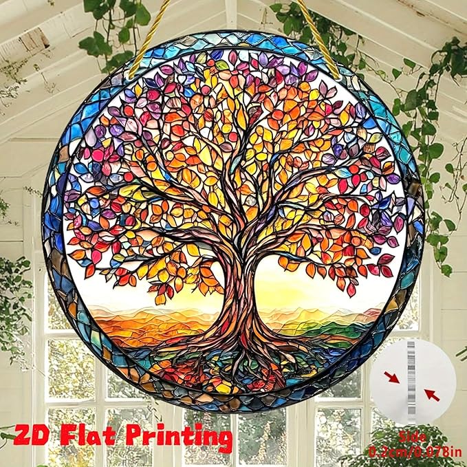 Tree of Life Suncatcher 7.87 Inch Sun Catcher Window Hanging Acrylic Stained Glass Suncatchers for Windows Decorations Indoor Outdoor for Home Garden Wedding，Housewarming Gift for Mom