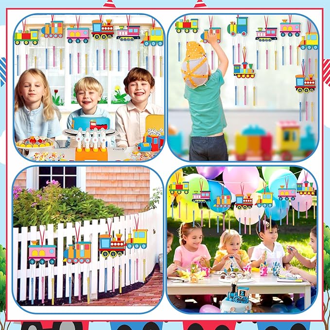 9Pack DIY Wind Chime Kit for Kids, Train Theme Wooden Arts and Painting Crafts Hanging Ornaments for Indoor Outdoor Activity Home Garden Patio School Classroom Christmas Xmas Birthday Gift