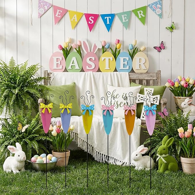 6 Packs Carrot Decorative Garden Stakes Easter Decorations,Cute Carrot Metal Yard Signs,Happy Easter Decorations Outdoor Yard for Spring Home Outside Lawn Front Porch Lawn Backyard Decor