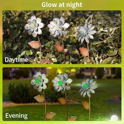 Garden Stakes Decorative, Metal Flowers for Outside, Glow in Dark Yard Lawn Ornaments Plant Pot Flower Bed Decor, Patio, Set of 3, Gold Flower