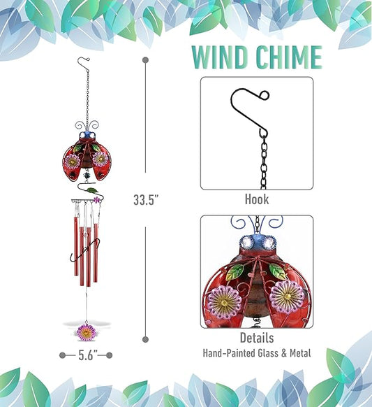 CoTa Global Ladybug Wind Chime - Handmade Glass and Metal Chime - Bug Wild Life Hanging Decor - Colorful Home Decor Gift, Indoor and Outdoor Hanging Decoration For Porch, Patio, and Garden - 33.5 Inch