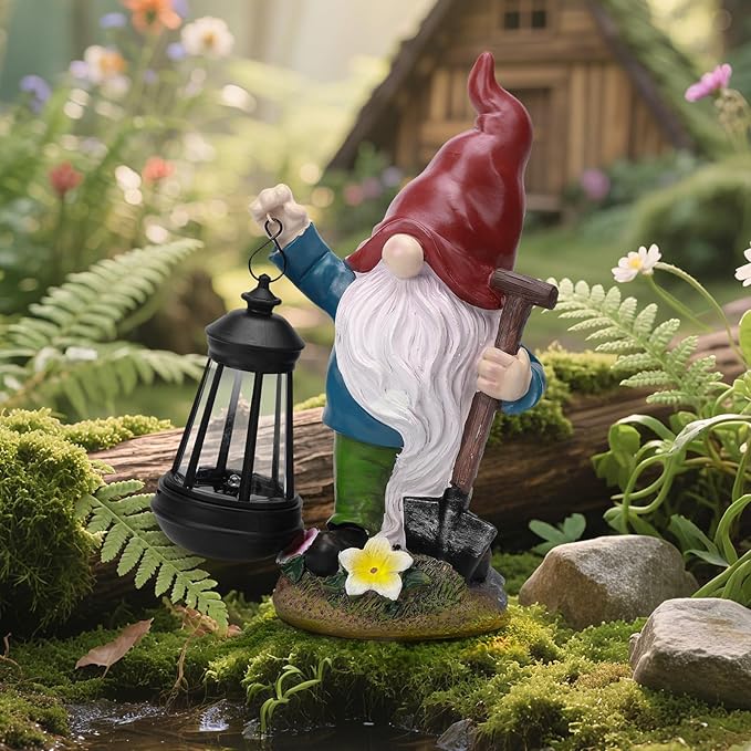 Gnome Garden Decor Statue with Lantern, Solar Gnomes Outdoor Decorations with LED Lights, Lawn Decor Yard Ornament for Patio Balcony, Valentine's Day Birthday Gift for Mom Grandma