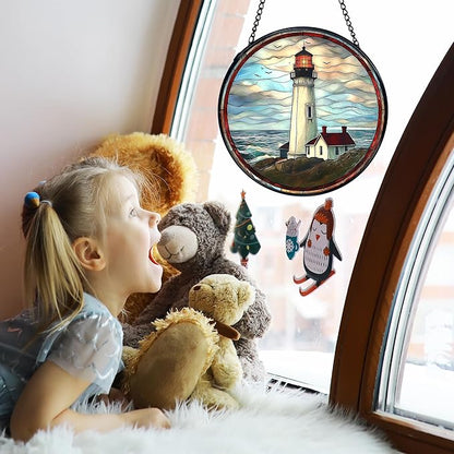 TNUW Lighthouse Stained Glass Window Hanging, Coastal Ocean Lighthouse Sun Catchers Indoor Window Glass Round Wall Art Decor, Nautical Beach Light House Wall Hanging Decorations, 7.9＂x7.9＂