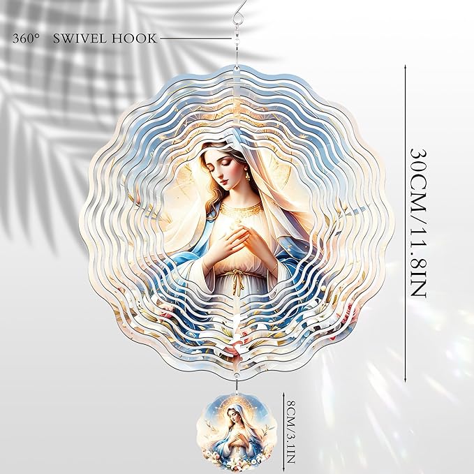 Metal Wind Spinners Outdoor - Virgin Mary 3D Wind Spinner 12 Inch Stainless Steel Ornaments Kinetic Spinning Hanging Decor for Patio Lawn Garden Yard Birthday Gifts for Women Mom Grandma