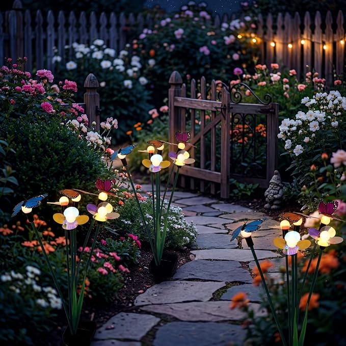 Hoikwo Solar Garden Lights 4 Pack, Swaying Butterfly Flower Stakes Outdoor, Lifelike Butterflies and Flowers with 6 LED Warm Lights, Solar Lights Decor for Yard, Patio, Garden, Pathway