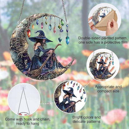 PLIGREAT Moon Witchs Acrylic Suncatcher Window Wall Art Hanging Ornament Painted Colorful Art Crafts Suncatcher for Garden Home Indoor Outdoor Hanging Decor Women Gift