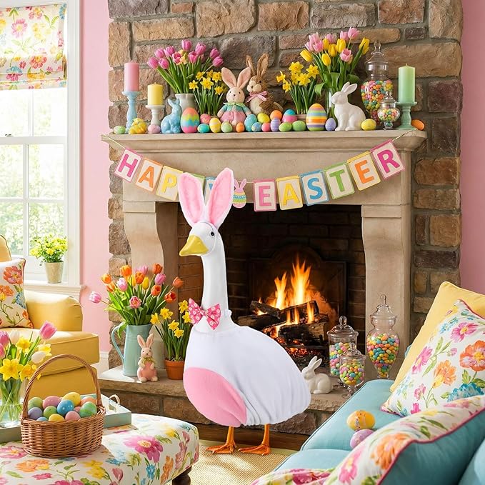 Abbylike 1 Set Easter Bunny Porch Goose Outfits Easter Yard Goose Clothes Costume with Bunny Ears Headband Fits Large 23'' Cement for Spring Outdoor Garden Yard Patio Statue Pathway Art Decorations