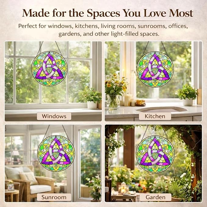 Celtic Trinity Knot Suncatcher Window Hanging, 7.8" Stained Glass Decor, Symbolic Gift for Mom, Grandma and Loved Ones, Irish Home Decor for Window, Wall, Living Room and Sunroom