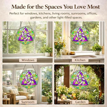 Celtic Trinity Knot Suncatcher Window Hanging, 7.8" Stained Glass Decor, Symbolic Gift for Mom, Grandma and Loved Ones, Irish Home Decor for Window, Wall, Living Room and Sunroom