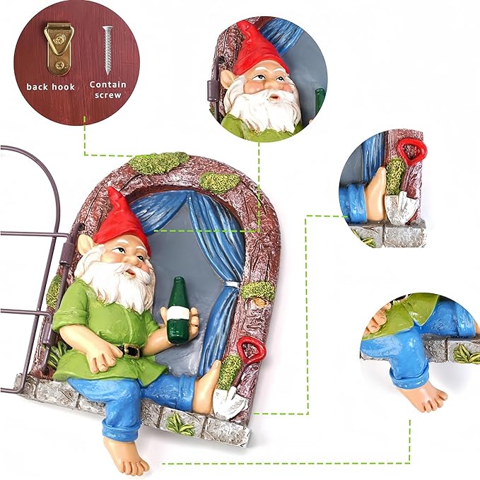 Spring 2026 Garden Gnome Window Statue for Trees and Wall, Drinking Dwarf Fairy Miniature Accessories, Patio Art Sculpture Decor for Lawn Yard