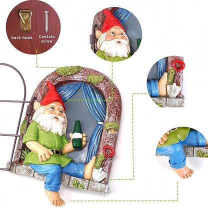 Spring 2026 Garden Gnome Window Statue for Trees and Wall, Drinking Dwarf Fairy Miniature Accessories, Patio Art Sculpture Decor for Lawn Yard
