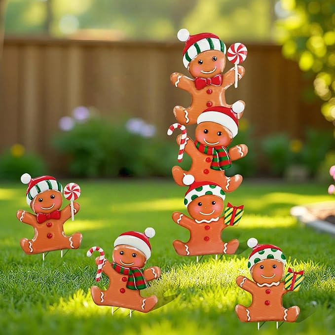 Cute Gingerbread Christmas Decorations Outdoor, Metal Christmas Decor Garden Art, Detachable 3 pcs Gingerbreads Stakes Lawn Ornaments, Christma Gnomes Yard Art Decorations Gift Porch Outside