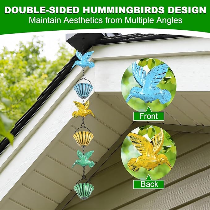8.5ft Rain Chains for Outside,Colorful Hummingbird Rain Chain for Gutters and Downspouts, Rain Catcher Chain for Garden Yard Decor