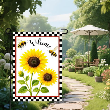 IVN Welcome Garden Flag 12x18 Inch Double Sided Spring Summer Yard Flags Sunflower Bees Decorative Small Flags for Outdoor Seasonal Front Door Lawn Porch Patio Decor Yard Flag