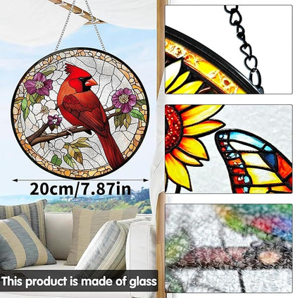 VAIIEYO Cardinal Bird Sun Catcher Stained Glass Window Hanging Ornament, Handmade Sun Catcher Animal Bird Decoration with Hooks for Window Garden Home,Christmas & Birthday Housewarming Gift (7.8 inch)