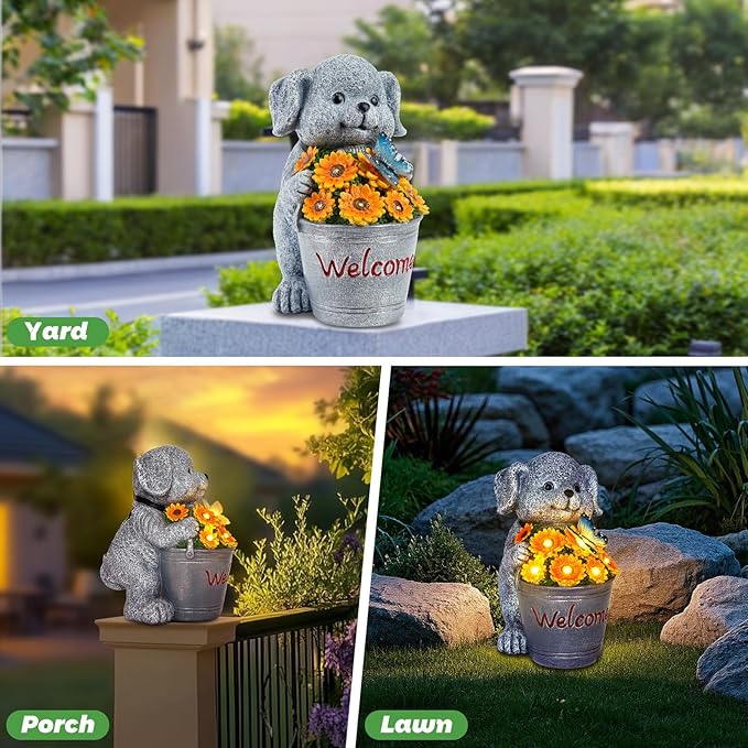 Solar Garden Decor Dog Statue Outdoor Christmas Decorations Dog Figurine Light with Bucket for Outdoor Patio Balcony Yard Porch Lawn for Women Mom Grandma Family Friend