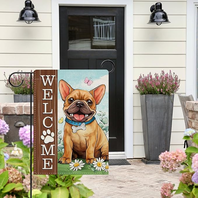 Dyrenson Welcome French Bulldog Dog Decorative Garden Flag, Paw Print Yard Outside Home Decorations Pet Lover Gifts, Spring Summer Burlap Outdoor Small Decor Double Sided 12 x 18